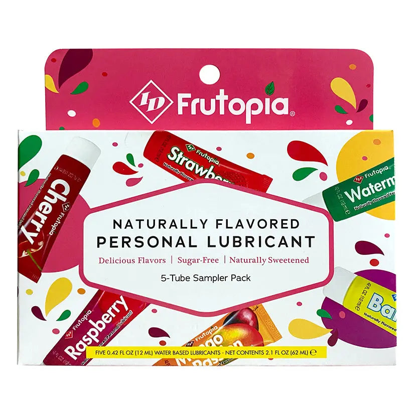ID Frutopia® Assorted Flavored Lubricant – 12ml Tubes (Pack of 5) brings a playful and flavorful twist to personal wellness. Made with all-natural fruit flavors, this water-based lubricant is designed to enhance intimacy while remaining gentle on the body.
Completely vegan and sugar-free, Frutopia is safe for sensitive skin and compatible with all body-safe products. Its compact 12ml tubes make it convenient for travel, discreet use, or sharing with friends. Flavors include Raspberry, Mango Passion, Strawb