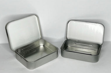 Flip tin inside with insert for Child resistant cannabis edibles and pre roll tins.