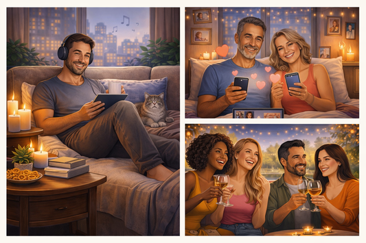 Modern relationship lifestyle showing a single man relaxing at home, an older couple connecting through video chat, and friends enjoying a social evening together