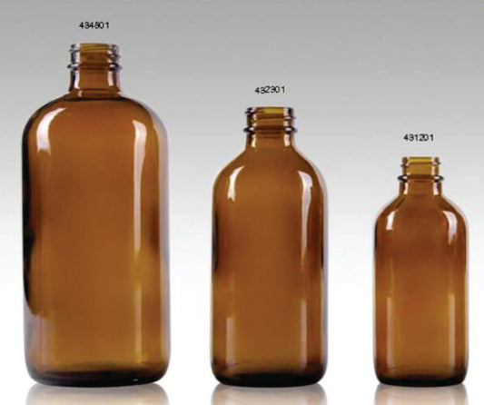 Glass Boston Round Cannabis Drink Bottles with Child Resistant Lids 4oz, 8oz and 16oz by MSN Packaging Inc