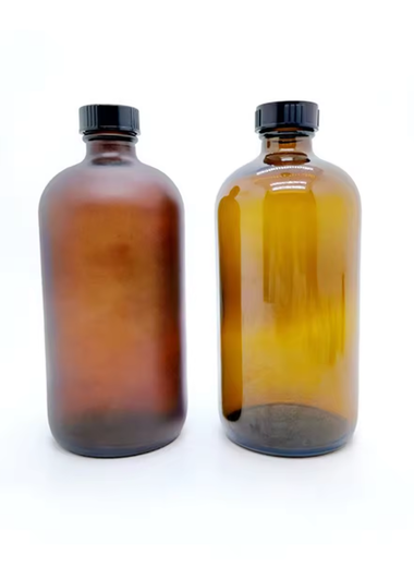 Glass Boston Round Cannabis Drink Bottles with Child Resistant Lids  Amber Matte Spray options by MSN Packaging Inc. 