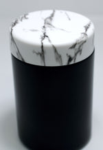 black and white marble lid and black jar for cannabis flower jars