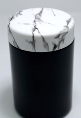 black and white marble lid and black jar for cannabis flower jars